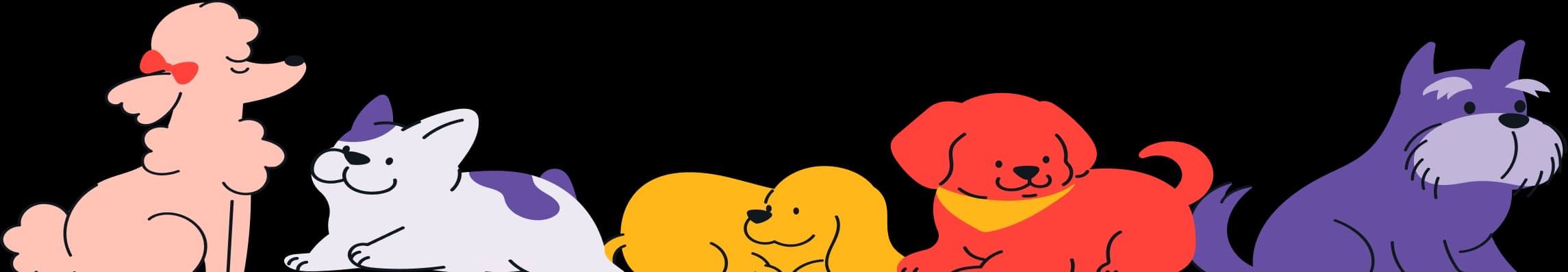 A row of caricature dogs, including a pink poodle with a red bow, a large pink dog with purple spots, a small golden fluffy dog, a red dog with a yellow collar, and a purple scruffy terrier.